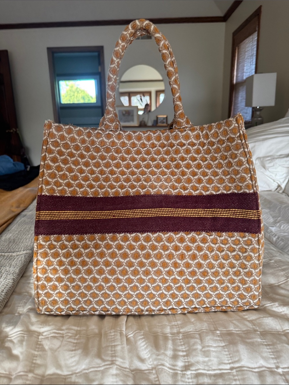 Stylish Woven Tote Bag in Mustard and Burgundy